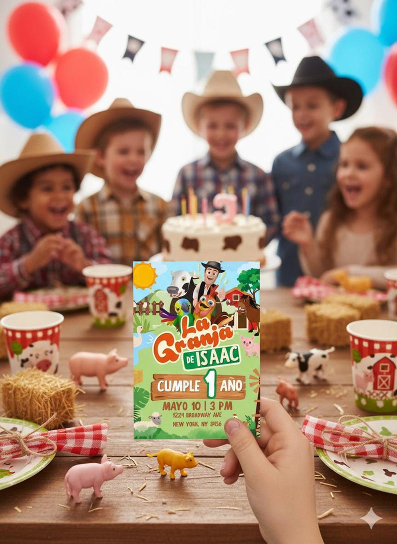 May include: A birthday party scene with children wearing cowboy hats, a cake, and farm-themed decorations. A colorful invitation with the text "La Granja de Isaac" is held in the foreground, with toy farm animals and hay bales on the table.
