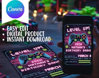 Level Up Birthday Invitation: Video Game Party, Editable Template (Digital Download)