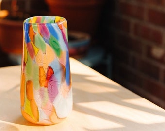 Glass Blown Rainbow Crackle Vase