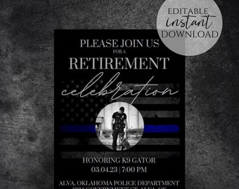 Personalized Police Retirement Invitation Template, Retirement Party, Invitation for Law Enforcement Thin Blue Line Flag Printable, Editable