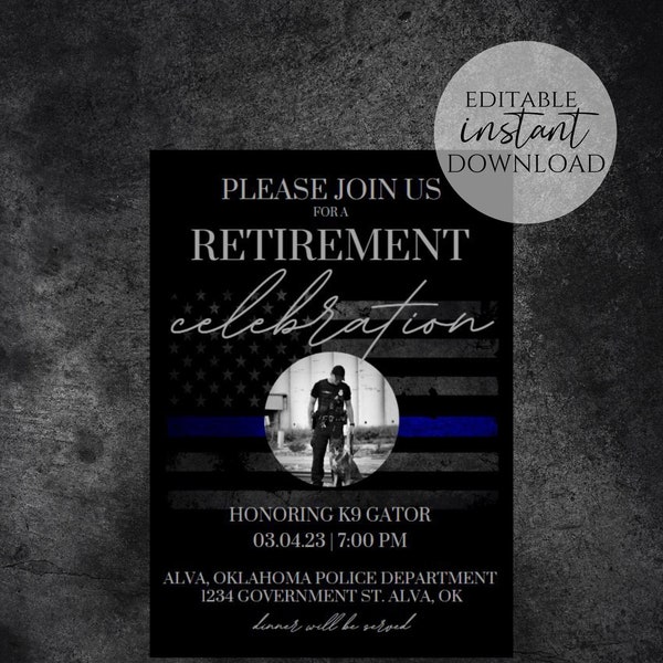 Personalized Police Retirement Invitation Template, Retirement Party, Invitation for Law Enforcement Thin Blue Line Flag Printable, Editable