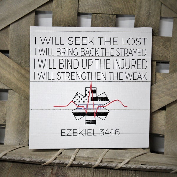 EMS Star of Life Heartbeat Canvas Wall or Shelf Decor Art Ezekiel 34:16 Motivational  Gift for Emergency Medical Services, EMT, Paramedic