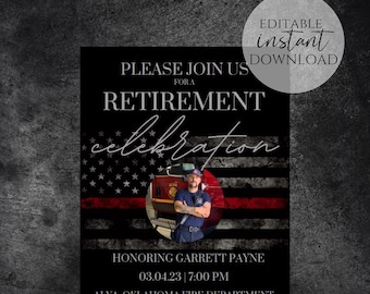 Personalized Firefighter Retirement Invitation Template, Retirement Party, Invitation for Firefighter, Thin Red Line Flag Printable Editable