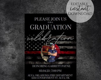 Personalized Firefighter Graduation Invitation Template, Graduation Party, Invitation for Firefighter, Thin Red Line Flag Printable Editable