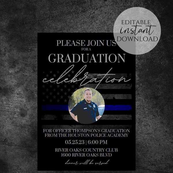 Personalized Police Academy Graduation Invitation Template, Law Enforcement Graduation Party, Thin Blue Line Flag Printable, Editable File