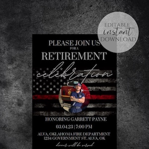 Personalized Firefighter Retirement Invitation Template, Retirement Party, Invitation for Firefighter, Thin Red Line Flag Printable Editable