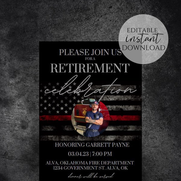 Personalized Firefighter Retirement Invitation Template, Retirement Party, Invitation for Firefighter, Thin Red Line Flag Printable Editable