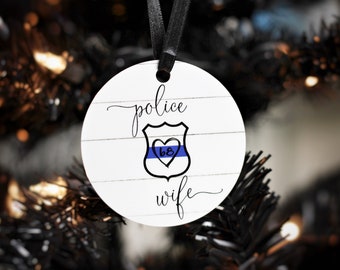 Personalized Police Wife Ornament, Law Enforcement Christmas Decor, Police Deputy Sheriff Trooper Wife Gift Thin Blue Line Badge Shape Heart