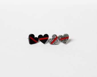 Thin Red Line Glitter Heart Shape Earrings for Firefighter, Fire Rescue, Firefighter Wife Fiancée Girlfriend, Jewelry Gifts for Her, Bridal