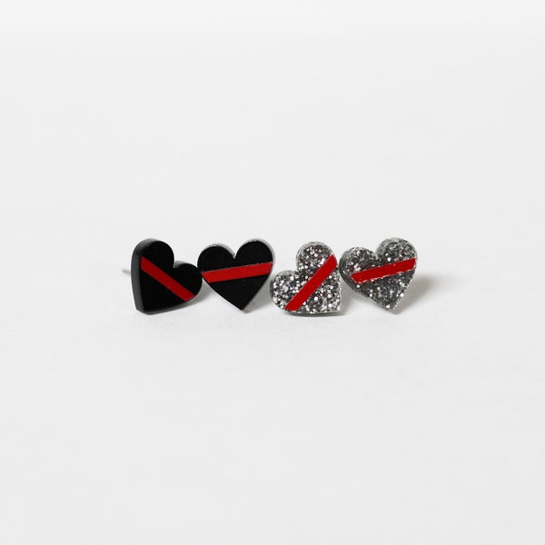 Thin Red Line Glitter Heart Shape Earrings for Firefighter, Fire Rescue, Firefighter Wife Fiancée Girlfriend, Jewelry Gifts for Her, Bridal