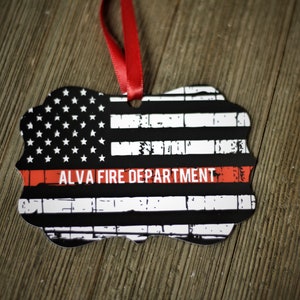Firefighter Personalized Thin Red Line Metal Ornament American Flag Volunteer Fire Firefighter Wife  Last Name Department Gift
