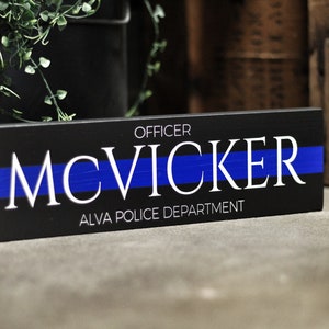 Personalized Police Sign, Thin Blue Line Name Decor, Gift for Police Officer, Deputy, Trooper, Wood Desk Name Plate K9 Law Enforcement Gift