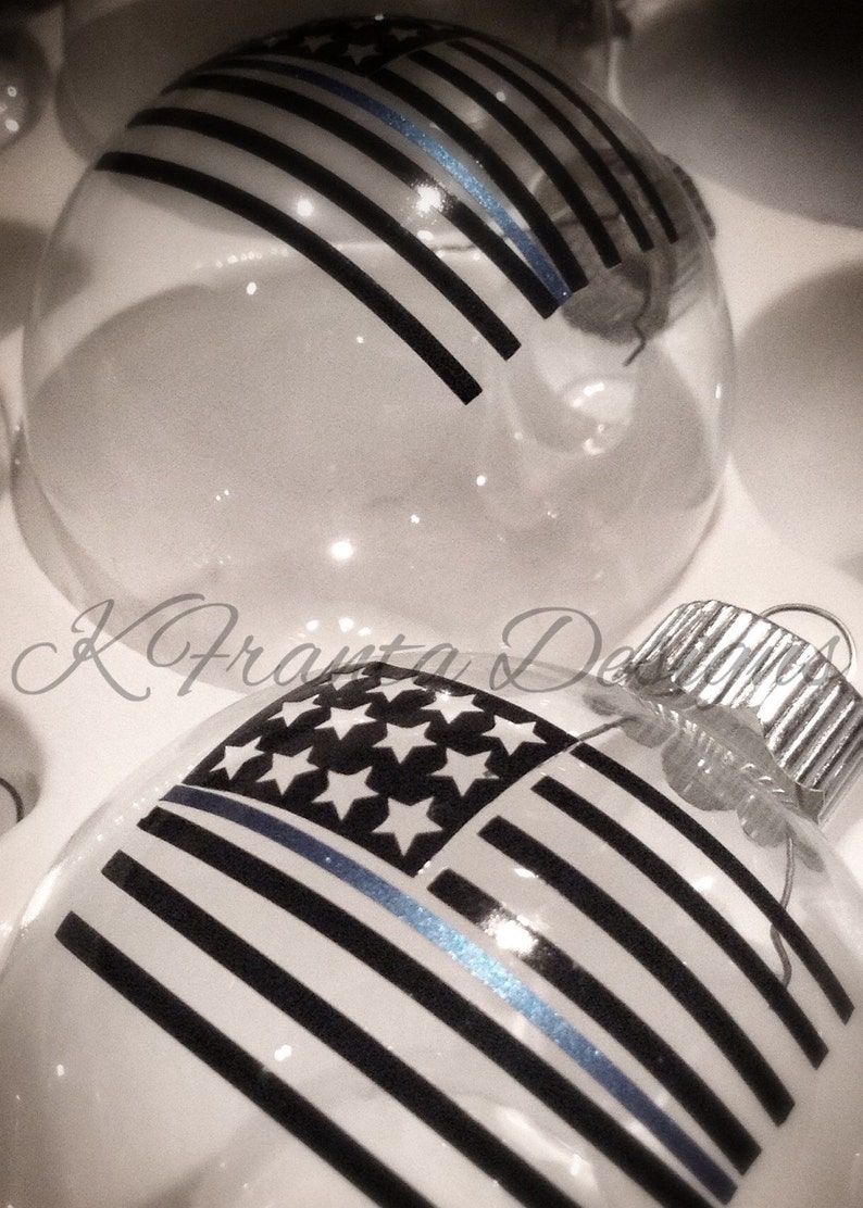 American Flag Ammo Thin Blue Line Clear Glass Ornament Ammo NOT included image 3