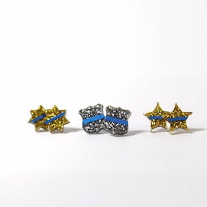 Thin Blue Line Glitter Badge Shape Earrings Law Enforcement Police Officer Sheriff Deputy Trooper LEOW LEO Police Wife Jewelry Gifts for Her