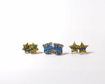 Thin Blue Line Glitter Badge Shape Earrings Law Enforcement Police Officer Sheriff Deputy Trooper LEOW LEO Police Wife Jewelry Gifts for Her