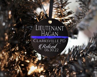 Retired Thin Blue Line Ornament, Gift for Law Enforcement, Police Officer, Sheriff Deputy, Trooper, Personalized Metal Christmas Ornament