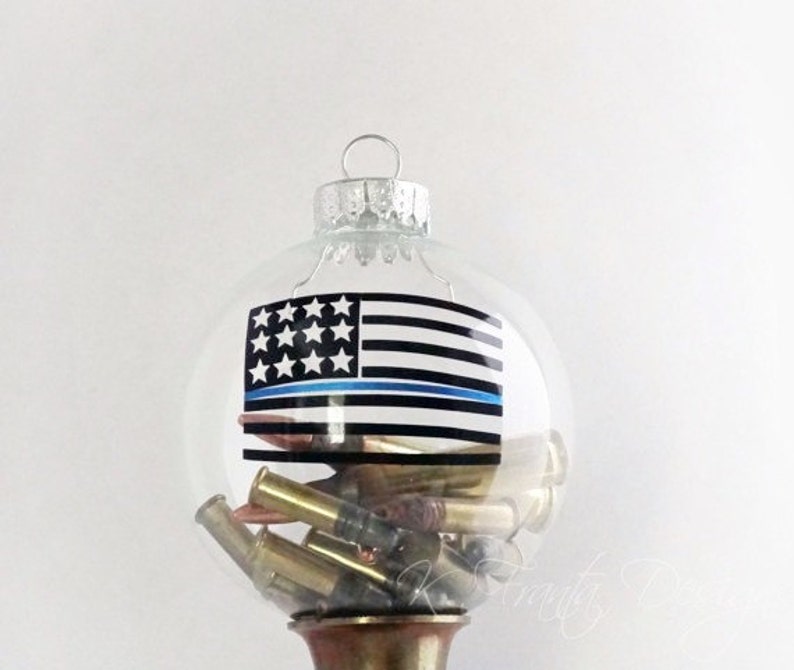 American Flag Ammo Thin Blue Line Clear Glass Ornament Ammo NOT included image 1