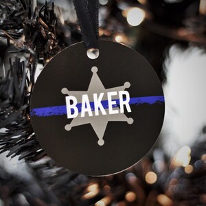 Thin Blue Line Ornament Law Enforcement Police Officer Sheriff Deputy Trooper LEO LEOW Personalized Badge Number Gift Christmas Ornament TBL&6pt Star