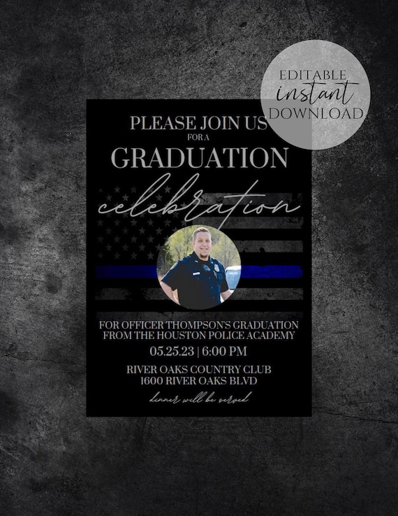 Personalized Police Academy Graduation Invitation Template, Law Enforcement Graduation Party, Thin Blue Line Flag Printable, Editable File