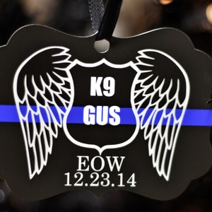 Thin Blue Line K9 Memorial Ornament Angel Wing Badge Fallen Officer Law Enforcement Police Sheriff Deputy Trooper Personalized Metal