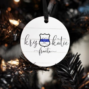 Personalized Police Couple Ornament, Law Enforcement Christmas Decor, Police Deputy Sheriff Trooper Wife Gift, Thin Blue Line Badge Shape