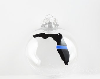 Thin Blue Line State Shape Shatterproof Disc Shaped Ornament Law Enforcement LEO LEOW Police Officer Sheriff Deputy State Trooper Wife Gift