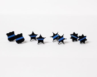 Badge Shape Earrings Black with Thin Blue Line Law Enforcement Police Sheriff Deputy Trooper Wife Gift Police Support Jewelry