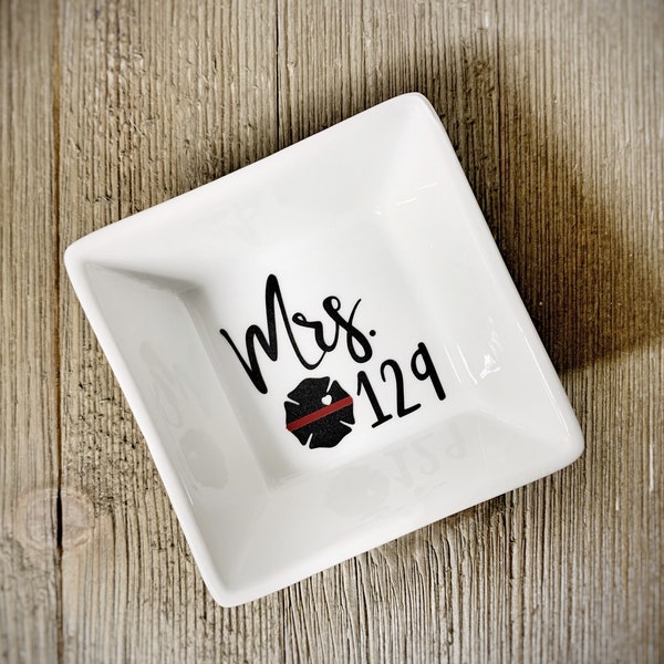 Firefighter Wife Mrs. Ring Dish Number or Last Name Fire Wife Maltese Cross Heart Jewelry Storage Gift