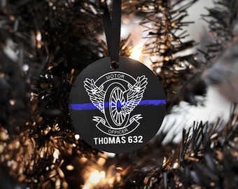 Motor Officer Thin Blue Line Ornament, Gift for Law Enforcement, Police Officer Sheriff Deputy Trooper Personalized Metal Christmas Ornament