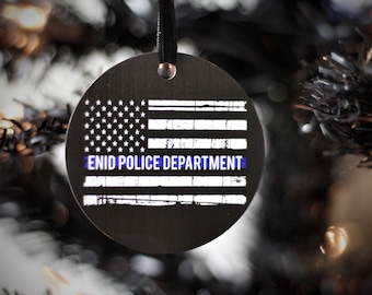American Flag Thin Blue Line Black Metal Ornament Police Law Enforcement Sheriff Deputy State Trooper K9 LEO LEOW Personalized Gift