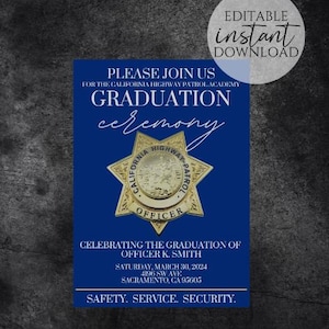 Op de afbeelding: Een blauwe en gouden uitnodiging voor een afstudeerceremonie van de California Highway Patrol Academy. De uitnodiging heeft een gouden ster met de woorden "California Highway Patrol" en "Officer" erop. De tekst op de uitnodiging luidt: "We nodigen u uit voor de afstudeerceremonie van de California Highway Patrol Academy, ter ere van de afstuderen van Officer K. Smith, Zaterdag 30 maart 2024, 4196 SW Ave, Sacramento, CA 95605, Veiligheid. Service. Veiligheid."