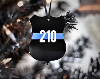 Thin Blue Line Badge Shape Ornament Law Enforcement Police Officer Deputy Trooper LEO LEOW Personalized Badge Number or Name Gift Christmas