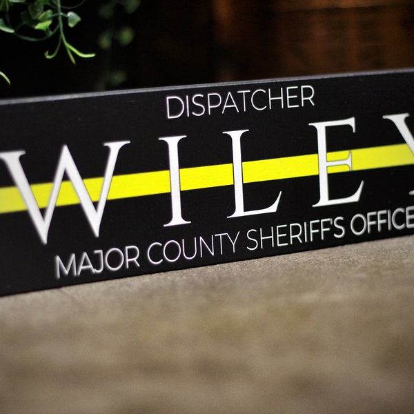 Personalized Dispatcher Sign, Thin Gold Line Name Decor, Gift for 911 Emergency Dispatcher, Wood Desk Name Plate Shelf Decor Police Dispatch