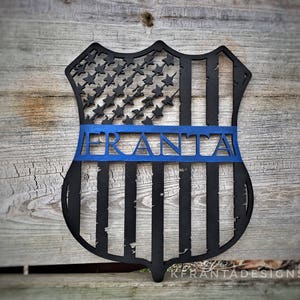 Thin Blue Line American Flag Personalized Wood Door Hanger Wall Hanging Police Officer Deputy Sheriff State Trooper LEOW Police Wife 11x14