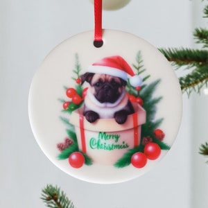 pug ornament, pug christmas ornament, pet ornament, pug in basket, pug with pine, pug with berries, pug pre, pug dog ornament, Pugilist gift