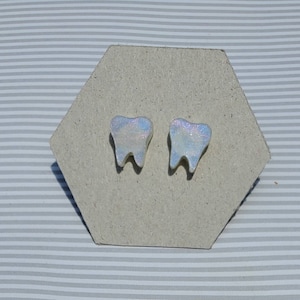 Pearl tooth earrings, tooth stud earring, dental hygienist gift, dental gift, dentist gift, dental jewelry, tiny tooth, irridescent tooth ea