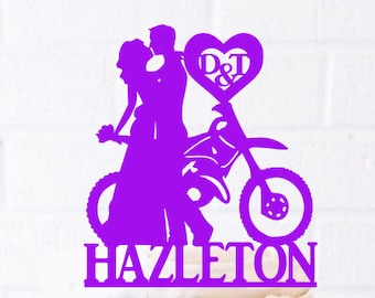 Last Name Dirt Bike Couple Wedding Cake Topper Dirt Bike Cake Topper Dirt Bike topper bride and groom initials biker harley rider bike heart