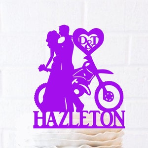 Last Name Dirt Bike Couple Wedding Cake Topper Dirt Bike Cake Topper Dirt Bike topper bride and groom initials biker harley rider bike heart