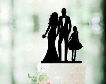Bride and Groom Silhouette Wedding Cake Topper with a daughter Bride and Groom Dancing Cake Topper little girl Family toddler blended family