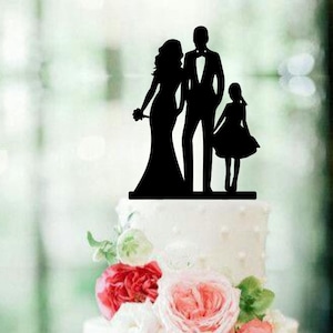 Bride and Groom Silhouette Wedding Cake Topper with a daughter Bride and Groom Dancing Cake Topper little girl Family toddler blended family