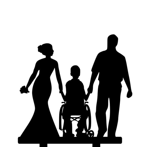 Bride and Groom Silhouette Wedding Cake Topper child in wheelchair Family Silhouette Cake family topper silhouette topper son girl boy hands