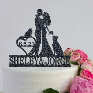 family cake topper with dogs, blended family wedding cake topper, silhouette wedding, wedding date top, cake topper with dogs, wedding dogs