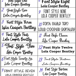 May include: A white background with black text showing 14 different font styles. Each font style is numbered and includes the text "Lola Cooper Bentley".