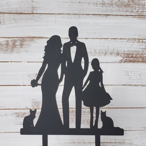 Blended family wedding cake topper, family wedding, wedding cake topper, silhouette wedding,  cake topper with girl, topper with cats, cat w