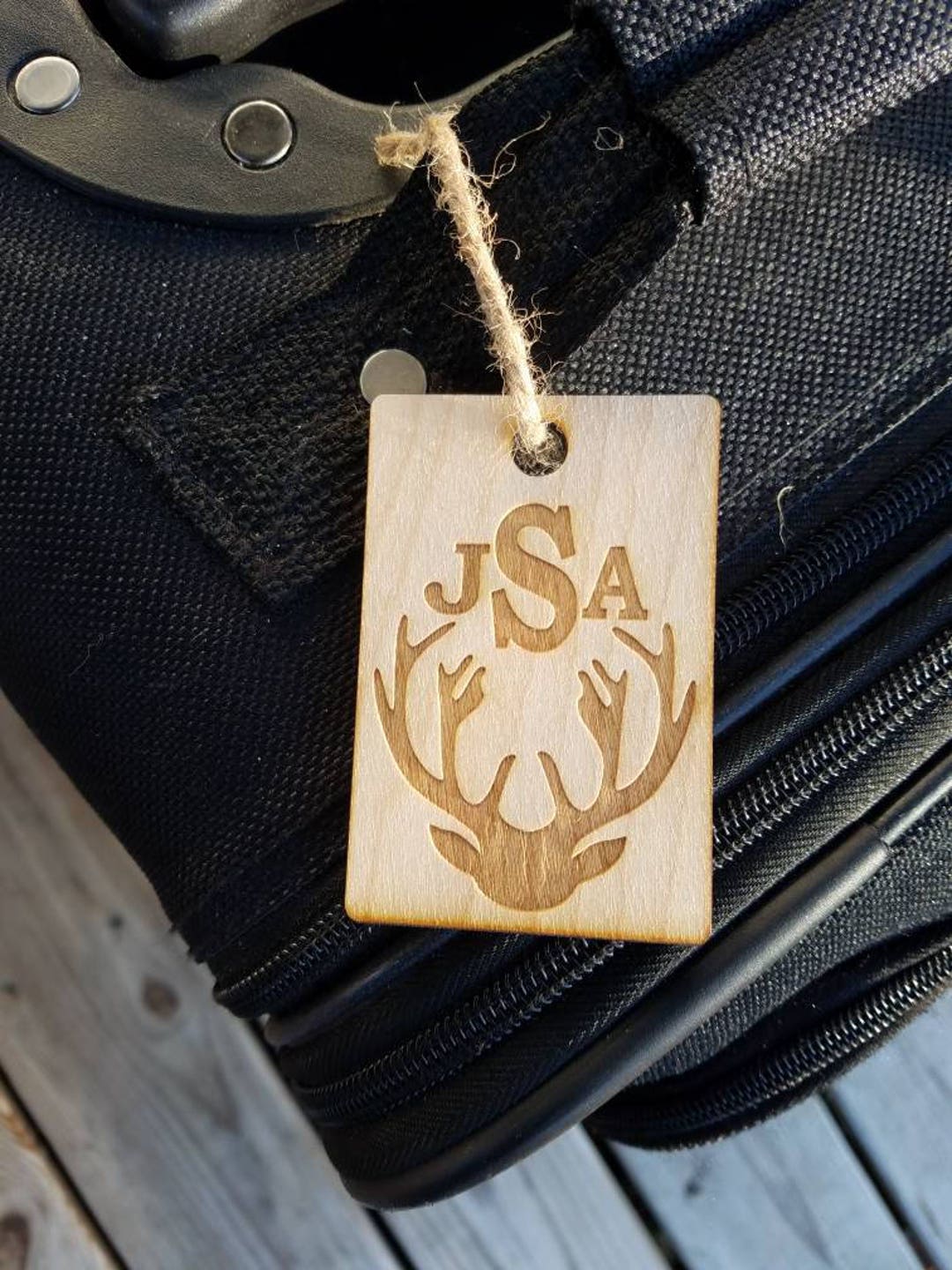 Custom Wooden Luggage Tag With Monogram and Deer Antlers Tag Etsy