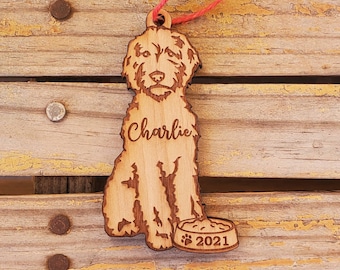 Wooden Golden Doodle Christmas ornament labradoodle Christmas Ornament doodle ornament doodle christmas pet ornament with dog bowl and year