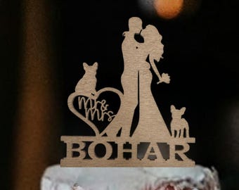 Custom Family Wedding Cake Topper: Dogs, Mr & Mrs Heart, Silhouette