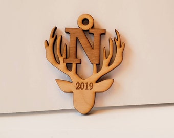 Custom Antler Christmas Ornament: Engraved Initial, 12 Point Buck