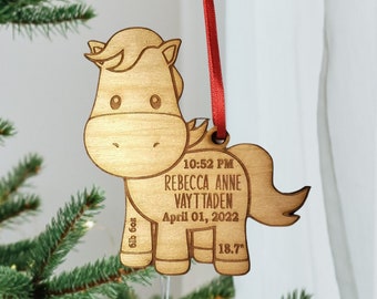 Personalized Wooden Horse Ornament: Baby Stats, First Christmas