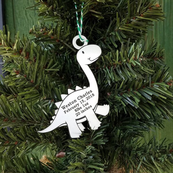 dinosaur christmas ornament, dinosaur ornament, birth announcement, newborn ornament, ornament with name, newborn dinosaur, boy ornament, ki